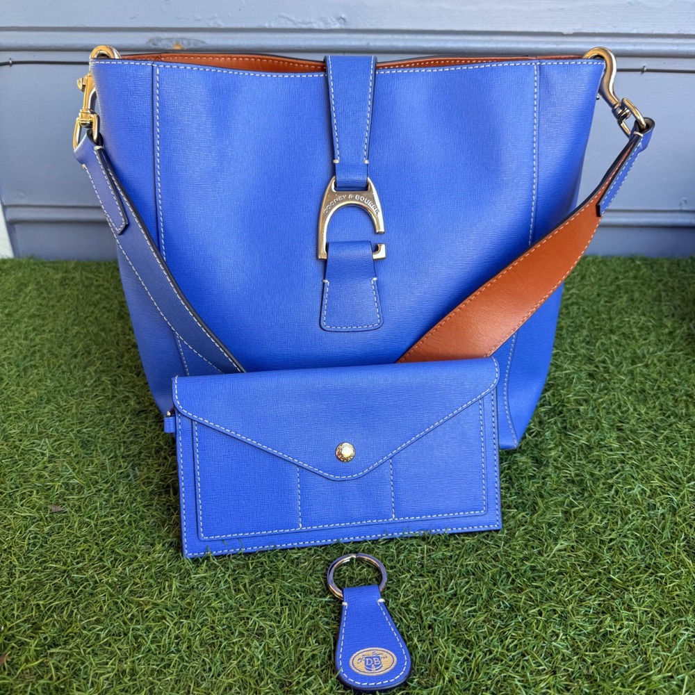Dooney & Bourke Lapis Blue Asby Saffiano Leather Tote Bag Wallet Keychain Set